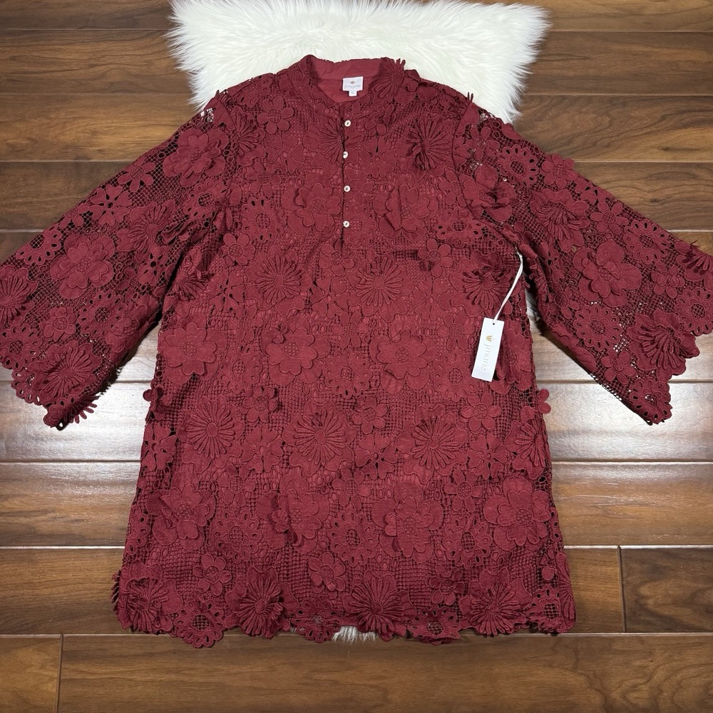 J.Marie Women's Size XL Red Wine Seraphina Floral‎ 3D Lace Long Sleeve Dress